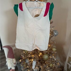 BiBi White Blouse with Green and Pink Accents